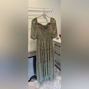 Ann Taylor smocked bodice dress green floral